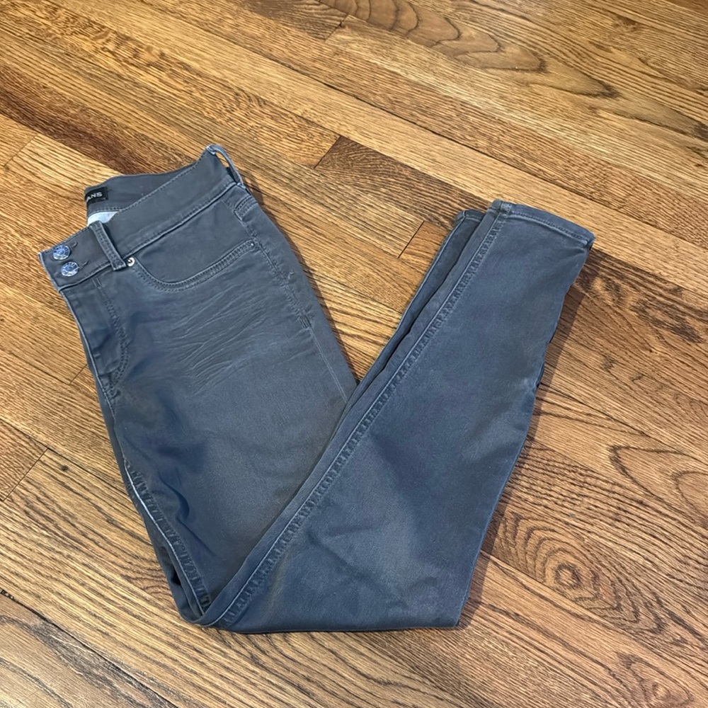 Grey straight leg skinny jean with ankle zipper